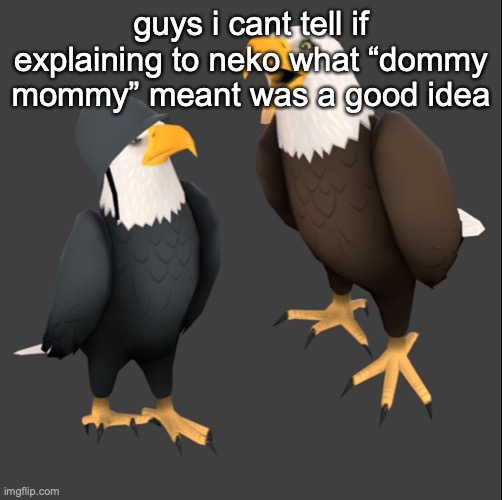 tf2 eagles | guys i cant tell if explaining to neko what “dommy mommy” meant was a good idea | image tagged in tf2 eagles | made w/ Imgflip meme maker