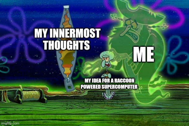 Raccoon powered supercomputer | MY INNERMOST THOUGHTS; ME; MY IDEA FOR A RACCOON POWERED SUPERCOMPUTER | image tagged in squidward banished to the fly of despair,stupid,jpfan102504 | made w/ Imgflip meme maker