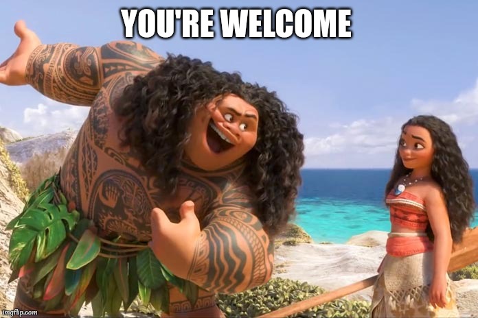 YOU'RE WELCOME | image tagged in moana maui you're welcome | made w/ Imgflip meme maker