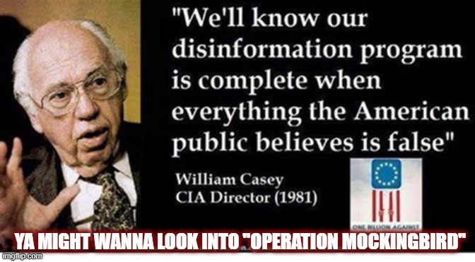 To those that squabble like RINOs and jackasses. You're being played. Try taking a thousand foot view. Put on the glasses! | YA MIGHT WANNA LOOK INTO "OPERATION MOCKINGBIRD" | image tagged in cia,william casey,operation mockinngbird,information warfare,politics 2024,the truth is out there | made w/ Imgflip meme maker