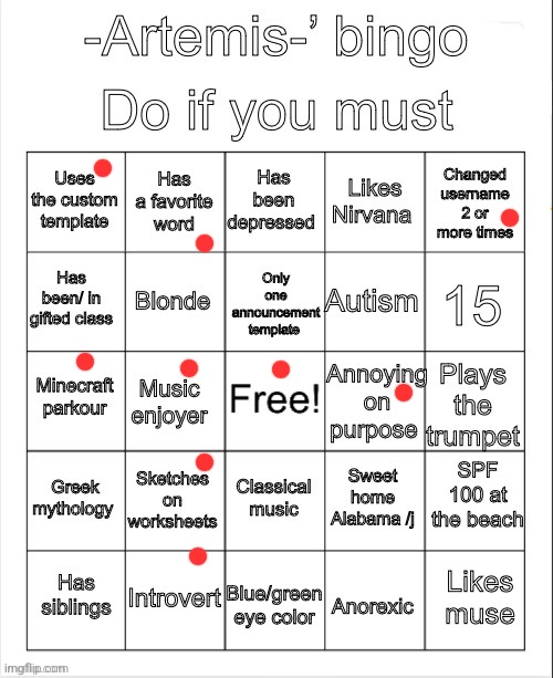 Artemis’ bingo | image tagged in artemis bingo | made w/ Imgflip meme maker