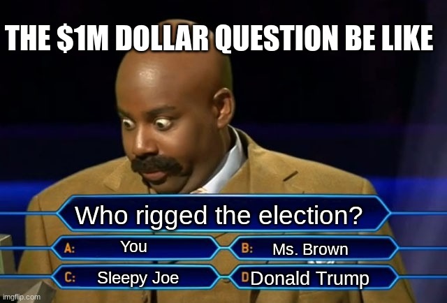 Who wants to be a millionaire? | THE $1M DOLLAR QUESTION BE LIKE; Who rigged the election? You; Ms. Brown; Donald Trump; Sleepy Joe | image tagged in who wants to be a millionaire | made w/ Imgflip meme maker