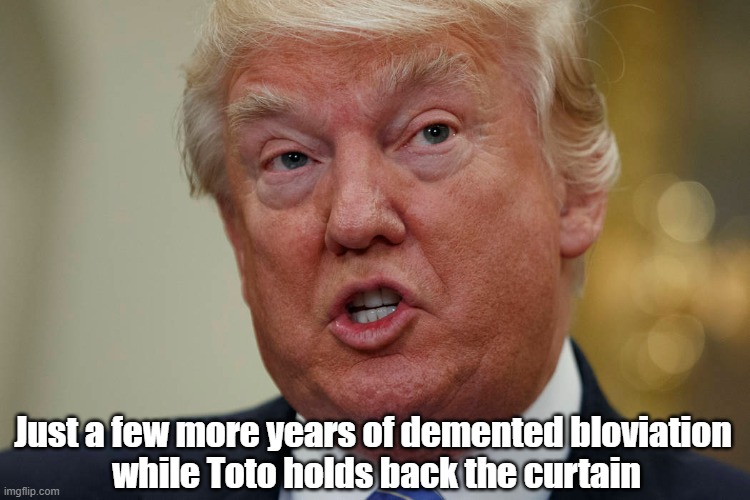 "Just A Few More Years Of Demented Bloviation..." | Just a few more years of demented bloviation 
while Toto holds back the curtain | image tagged in trump,dementia,demented,bloviation,toto holds back the curtain | made w/ Imgflip meme maker