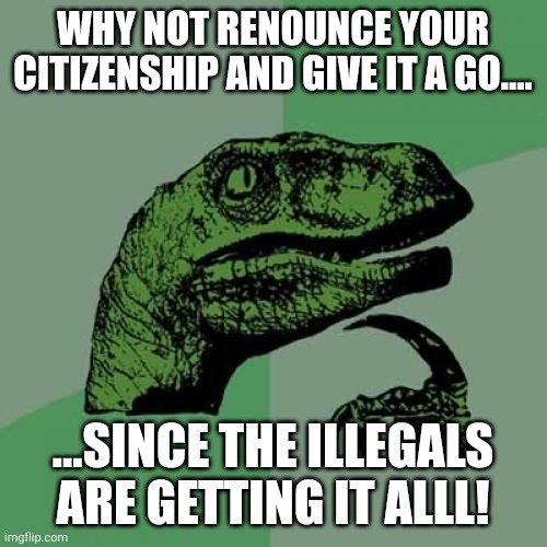 Theu are getting it all for free on my dime dammmit!!  Ok frank gallagher! | WHY NOT RENOUNCE YOUR CITIZENSHIP AND GIVE IT A GO.... ...SINCE THE ILLEGALS ARE GETTING IT ALLL! | image tagged in memes,philosoraptor | made w/ Imgflip meme maker