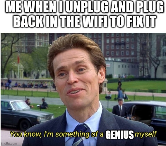 You know, I'm something of a _ myself | ME WHEN I UNPLUG AND PLUG BACK IN THE WIFI TO FIX IT; GENIUS | image tagged in you know i'm something of a _ myself | made w/ Imgflip meme maker