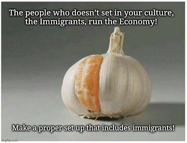 Orange in Garlic! | The people who doesn’t set in your culture, 
the Immigrants, run the Economy! Make a proper set up that includes immigrants! | image tagged in immigrants | made w/ Imgflip meme maker