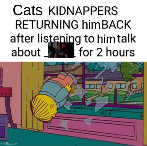 my kidnapper returning me | him; Cats; him | image tagged in my kidnapper returning me | made w/ Imgflip meme maker