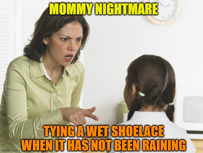 Scolding Mom | MOMMY NIGHTMARE; TYING A WET SHOELACE WHEN IT HAS NOT BEEN RAINING | image tagged in scolding mom,kids,gross,pee,peeing,parents | made w/ Imgflip meme maker