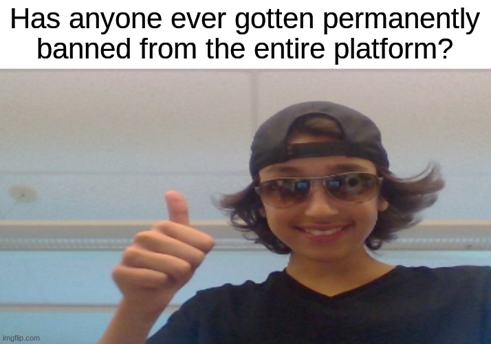 Mr. Yes | Has anyone ever gotten permanently banned from the entire platform? | image tagged in mr yes,memes | made w/ Imgflip meme maker