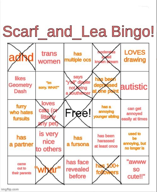 Scarf_and_Lea Bingo | image tagged in scarf_and_lea bingo | made w/ Imgflip meme maker
