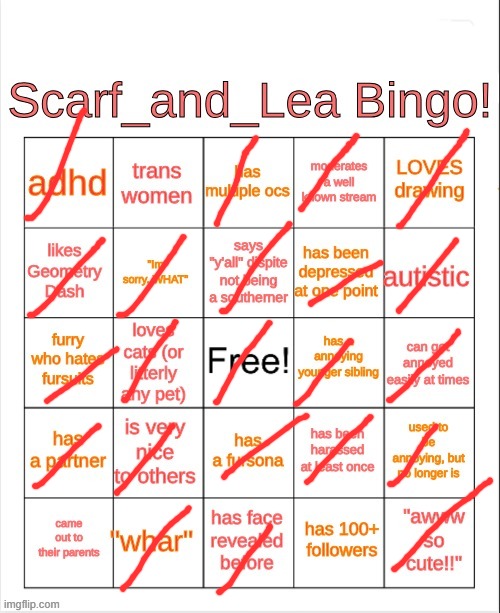 Scarf_and_Lea Bingo | image tagged in scarf_and_lea bingo | made w/ Imgflip meme maker