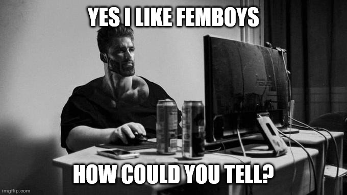 Gigachad On The Computer | YES I LIKE FEMBOYS; HOW COULD YOU TELL? | image tagged in gigachad on the computer | made w/ Imgflip meme maker