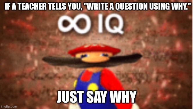 So true tbh | IF A TEACHER TELLS YOU, "WRITE A QUESTION USING WHY."; JUST SAY WHY | image tagged in infinite iq | made w/ Imgflip meme maker