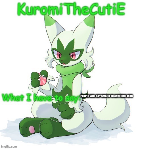 Kuromithecuties floragato temp | PEOPLE WILL SAY SMASH TO ANYTHING ISTG | image tagged in kuromithecuties floragato temp | made w/ Imgflip meme maker