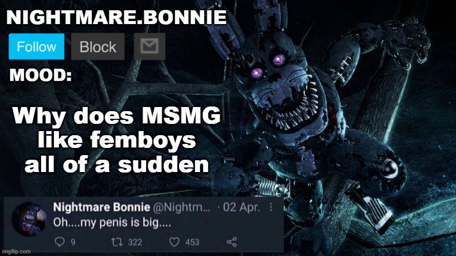 Thought we hated them | Why does MSMG like femboys all of a sudden | image tagged in nightmare bonnie announcement v2 | made w/ Imgflip meme maker