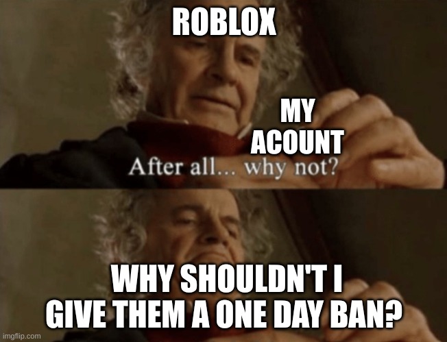yes I actually got a 1-day ban when this was posted | ROBLOX; MY ACOUNT; WHY SHOULDN'T I GIVE THEM A ONE DAY BAN? | image tagged in after all why not | made w/ Imgflip meme maker