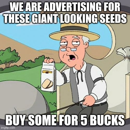 Pepperidge Farm Remembers Meme | WE ARE ADVERTISING FOR THESE GIANT LOOKING SEEDS; BUY SOME FOR 5 BUCKS | image tagged in memes,pepperidge farm remembers | made w/ Imgflip meme maker