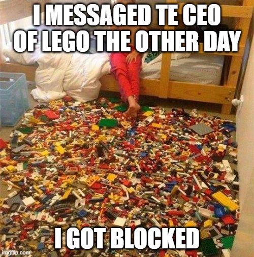 Lego | I MESSAGED TE CEO OF LEGO THE OTHER DAY; I GOT BLOCKED | image tagged in lego obstacle | made w/ Imgflip meme maker