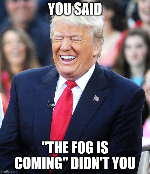 trump laughing | YOU SAID; "THE FOG IS COMING'' DIDN'T YOU | image tagged in trump laughing | made w/ Imgflip meme maker