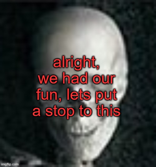 . | alright, we had our fun, lets put a stop to this | image tagged in skull | made w/ Imgflip meme maker