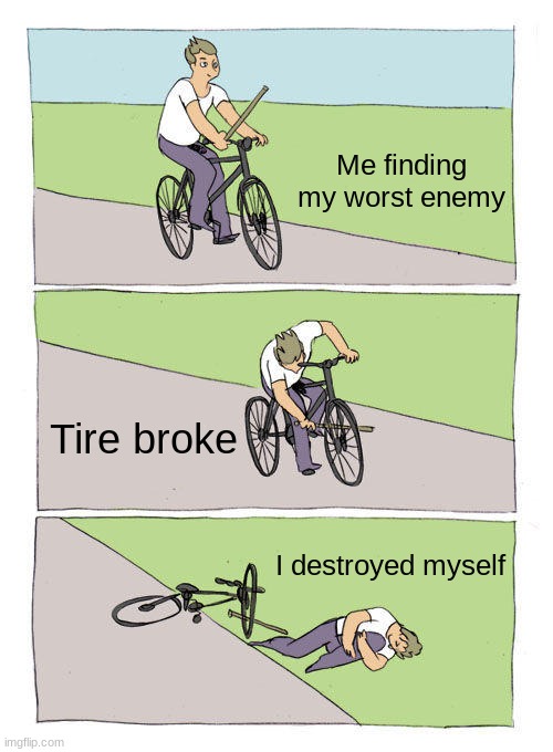 Bike Fall Meme | Me finding my worst enemy; Tire broke; I destroyed myself | image tagged in memes,bike fall | made w/ Imgflip meme maker