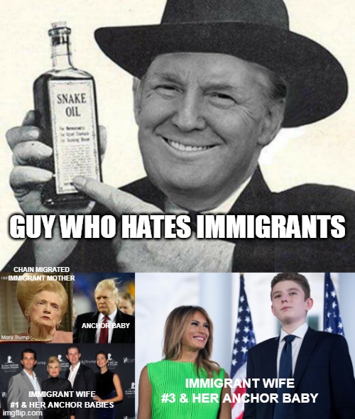 Trump On Immigration | GUY WHO HATES IMMIGRANTS; CHAIN MIGRATED IMMIGRANT MOTHER; ANCHOR BABY; IMMIGRANT WIFE #3 & HER ANCHOR BABY; IMMIGRANT WIFE #1 & HER ANCHOR BABIES | image tagged in illegal immigration,immigration,trump immigration policy,trump,maga | made w/ Imgflip meme maker