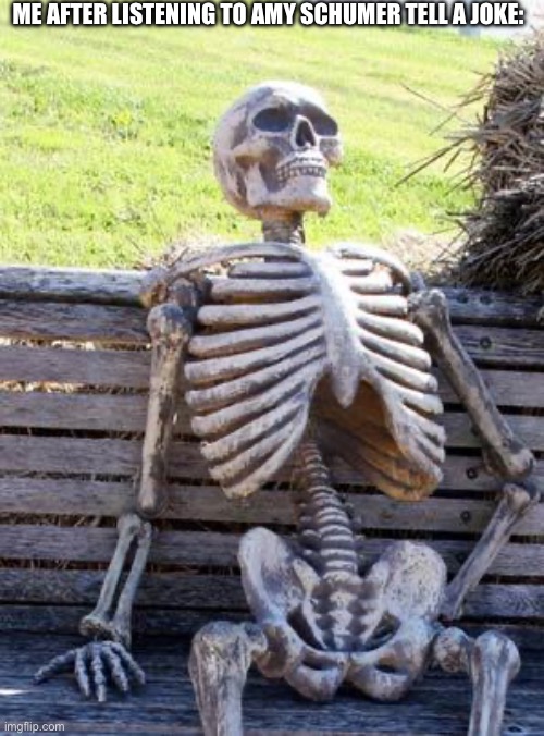 Waiting Skeleton | ME AFTER LISTENING TO AMY SCHUMER TELL A JOKE: | image tagged in memes,waiting skeleton | made w/ Imgflip meme maker