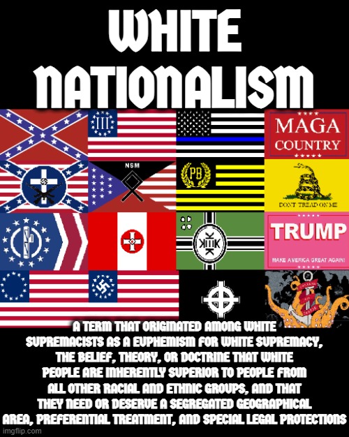 WHITE NATIONALISM | WHITE
NATIONALISM; A TERM THAT ORIGINATED AMONG WHITE SUPREMACISTS AS A EUPHEMISM FOR WHITE SUPREMACY, THE BELIEF, THEORY, OR DOCTRINE THAT WHITE PEOPLE ARE INHERENTLY SUPERIOR TO PEOPLE FROM ALL OTHER RACIAL AND ETHNIC GROUPS, AND THAT THEY NEED OR DESERVE A SEGREGATED GEOGRAPHICAL AREA, PREFERENTIAL TREATMENT, AND SPECIAL LEGAL PROTECTIONS | image tagged in white nationalism,maga,nazi,kkk,white supremacist,confederate | made w/ Imgflip meme maker