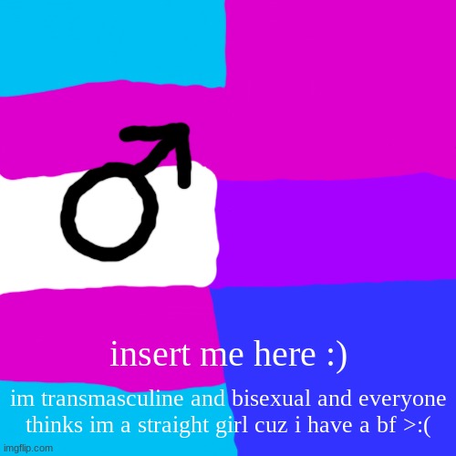 gr >:( | insert me here :) | im transmasculine and bisexual and everyone thinks im a straight girl cuz i have a bf >:( | image tagged in lgbtq,transgender,bisexual,i am not a girl | made w/ Imgflip demotivational maker