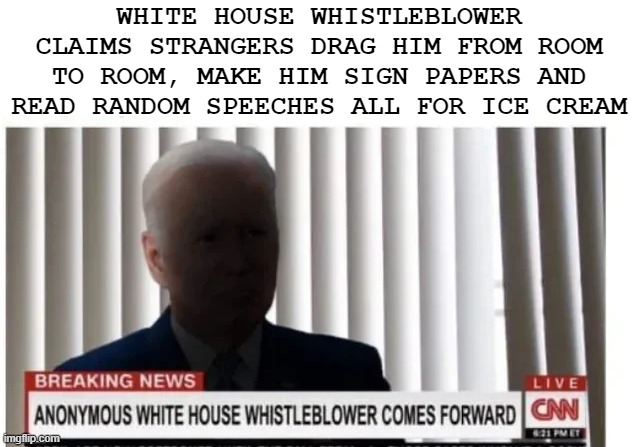 Sounds Like Elder Abuse | WHITE HOUSE WHISTLEBLOWER CLAIMS STRANGERS DRAG HIM FROM ROOM TO ROOM, MAKE HIM SIGN PAPERS AND READ RANDOM SPEECHES ALL FOR ICE CREAM | image tagged in biden | made w/ Imgflip meme maker