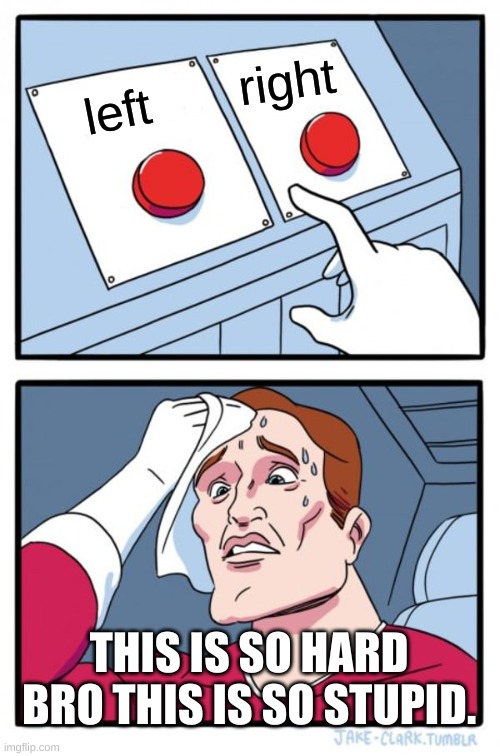 Two Buttons | right; left; THIS IS SO HARD BRO THIS IS SO STUPID. | image tagged in memes,two buttons | made w/ Imgflip meme maker