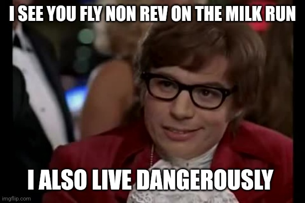 #airlineemployees | I SEE YOU FLY NON REV ON THE MILK RUN; I ALSO LIVE DANGEROUSLY | image tagged in memes,i too like to live dangerously | made w/ Imgflip meme maker
