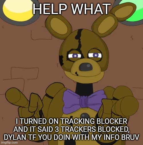 hehehehaw fack u | HELP WHAT; I TURNED ON TRACKING BLOCKER AND IT SAID 3 TRACKERS BLOCKED, DYLAN TF YOU DOIN WITH MY INFO BRUV | image tagged in hehehehaw fack u | made w/ Imgflip meme maker