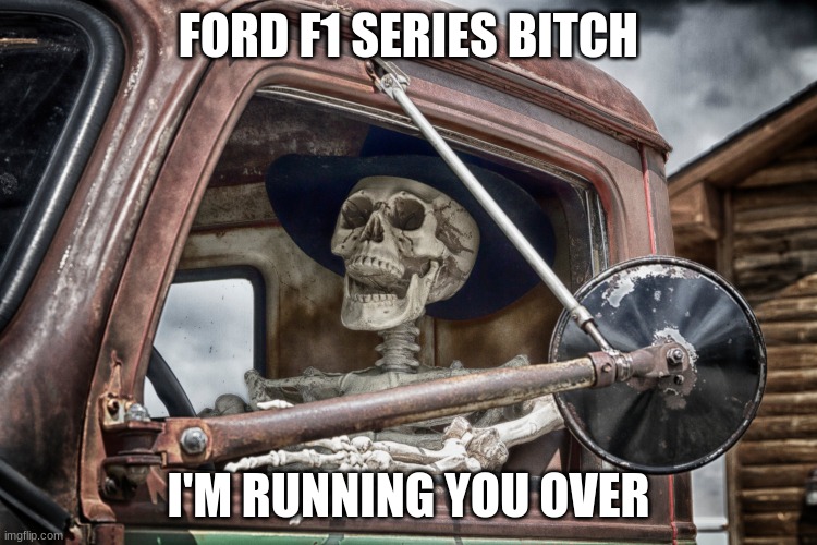 Skeleton truck driver | FORD F1 SERIES BITCH I'M RUNNING YOU OVER | image tagged in skeleton truck driver | made w/ Imgflip meme maker