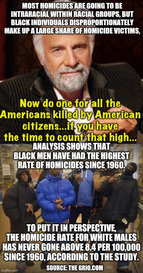 Expanding the Leftist Mind | MOST HOMICIDES ARE GOING TO BE INTRARACIAL WITHIN RACIAL GROUPS, BUT BLACK INDIVIDUALS DISPROPORTIONATELY MAKE UP A LARGE SHARE OF HOMICIDE VICTIMS, ANALYSIS SHOWS THAT BLACK MEN HAVE HAD THE HIGHEST RATE OF HOMICIDES SINCE 1960. TO PUT IT IN PERSPECTIVE, THE HOMICIDE RATE FOR WHITE MALES HAS NEVER GONE ABOVE 8.4 PER 100,000 SINCE 1960, ACCORDING TO THE STUDY. SOURCE: THE GRIO.COM | image tagged in gangster pants,liberals,leftists,illegal immigration,democrats | made w/ Imgflip meme maker