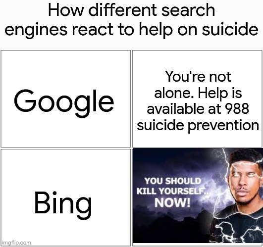 dont read the tags | How different search engines react to help on suicide; You're not alone. Help is available at 988 suicide prevention; Google; Bing | image tagged in memes,blank comic panel 2x2,you have been eternally cursed for reading the tags | made w/ Imgflip meme maker
