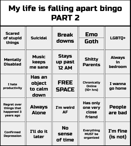 My life is falling apart bingo Part 2 Blank Meme Template