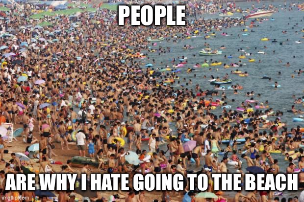 Crowded Beach | PEOPLE; ARE WHY I HATE GOING TO THE BEACH | image tagged in crowded beach | made w/ Imgflip meme maker