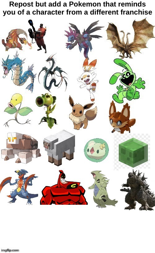 Repost but add a pokemon that reminds you of a character from another franchise | image tagged in tag | made w/ Imgflip meme maker