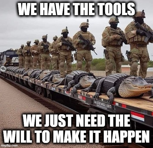 WE HAVE THE TOOLS; WE JUST NEED THE WILL TO MAKE IT HAPPEN | image tagged in alligator,secure the border,train,military | made w/ Imgflip meme maker