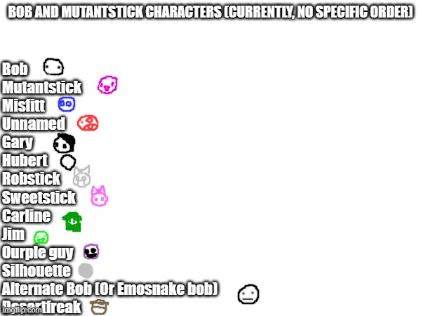 I forgot to put SQAR here, but pretend i did lol | BOB AND MUTANTSTICK CHARACTERS (CURRENTLY, NO SPECIFIC ORDER); Bob
Mutantstick
Misfitt
Unnamed
Gary
Hubert
Robstick
Sweetstick
Carline
Jim
Ourple guy
Silhouette
Alternate Bob (Or Emosnake bob)
Desertfreak | made w/ Imgflip meme maker