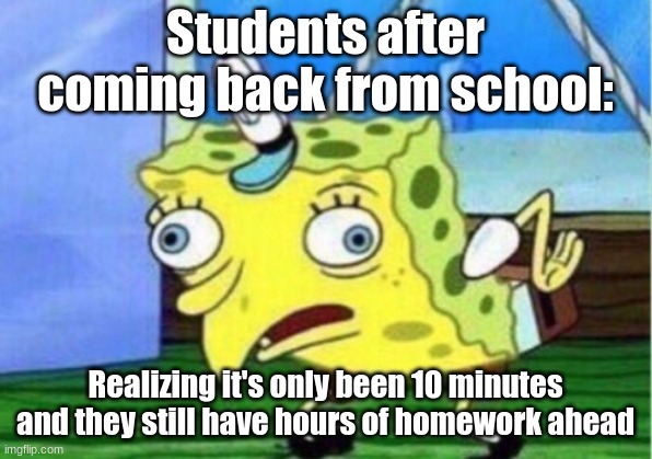 Mocking Spongebob Meme | Students after coming back from school:; Realizing it's only been 10 minutes and they still have hours of homework ahead | image tagged in memes,mocking spongebob | made w/ Imgflip meme maker