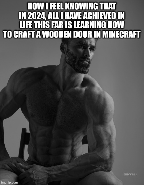 Giga Chad | HOW I FEEL KNOWING THAT IN 2024, ALL I HAVE ACHIEVED IN LIFE THIS FAR IS LEARNING HOW TO CRAFT A WOODEN DOOR IN MINECRAFT | image tagged in giga chad | made w/ Imgflip meme maker