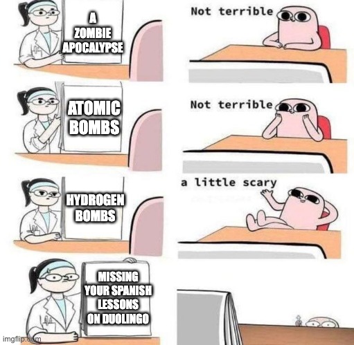Not Terrible (with placed text) | A ZOMBIE APOCALYPSE; ATOMIC BOMBS; HYDROGEN BOMBS; MISSING YOUR SPANISH LESSONS ON DUOLINGO | image tagged in not terrible with placed text | made w/ Imgflip meme maker