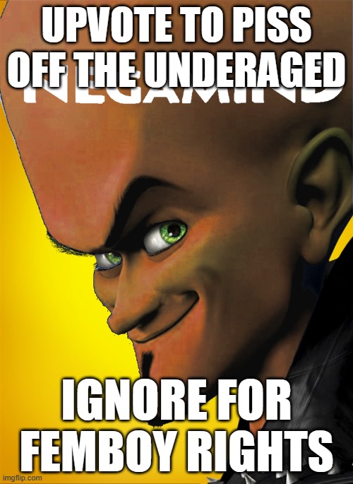 negamind | UPVOTE TO PISS OFF THE UNDERAGED; IGNORE FOR FEMBOY RIGHTS | image tagged in negamind,memes,funny | made w/ Imgflip meme maker