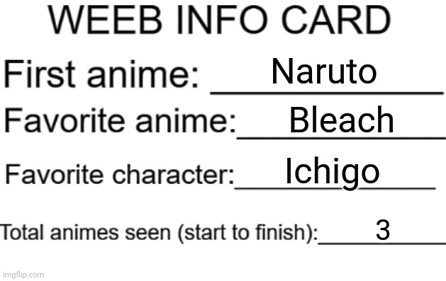 Weeb info card | Naruto; Bleach; Ichigo; 3 | image tagged in weeb info card | made w/ Imgflip meme maker