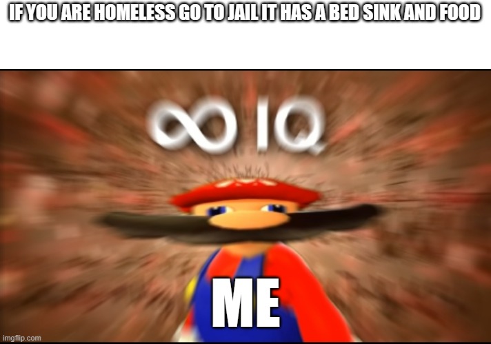 Infinity IQ Mario | IF YOU ARE HOMELESS GO TO JAIL IT HAS A BED SINK AND FOOD; ME | image tagged in infinity iq mario,jail | made w/ Imgflip meme maker