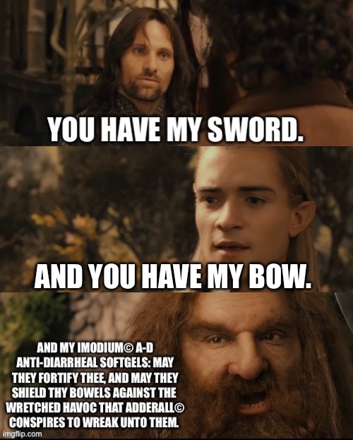 You Have My Sword. And My Bow. And My Imodium© A-D Anti-Diarrheal Softgels To Shield Thy Bowels From Havoc Wreaked by Adderall© | AND YOU HAVE MY BOW. | image tagged in you have my sword and my bow and my axe,adderall,lord of the rings,shitpost,memes,mental health | made w/ Imgflip meme maker
