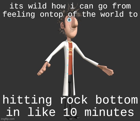 bonk | its wild how i can go from feeling ontop of the world to; hitting rock bottom in like 10 minutes | image tagged in flint lockwood a-pose | made w/ Imgflip meme maker
