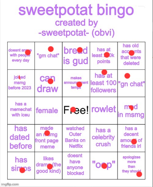 sweetpotat bingo! | image tagged in sweetpotat bingo | made w/ Imgflip meme maker